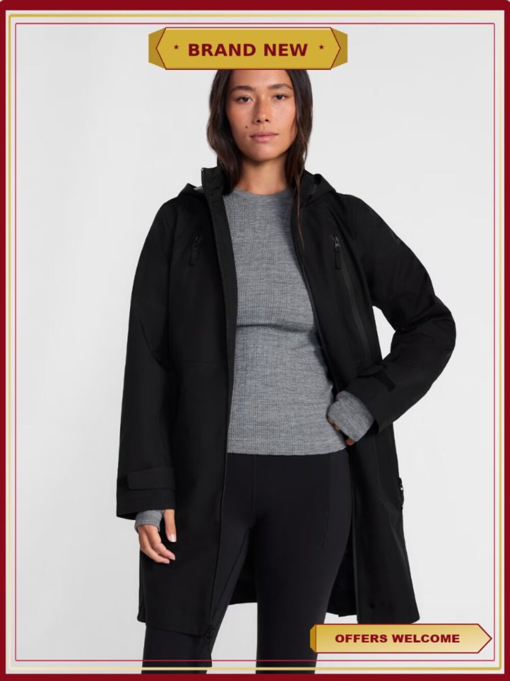 Long Rain Jacket with Hood, Water-Resistant Shell, Zip Pockets